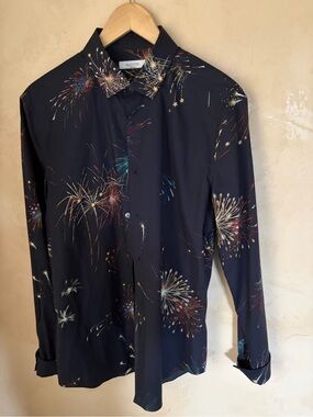 Valentino Navy Multicolor Firework-Print Button Down Shirt